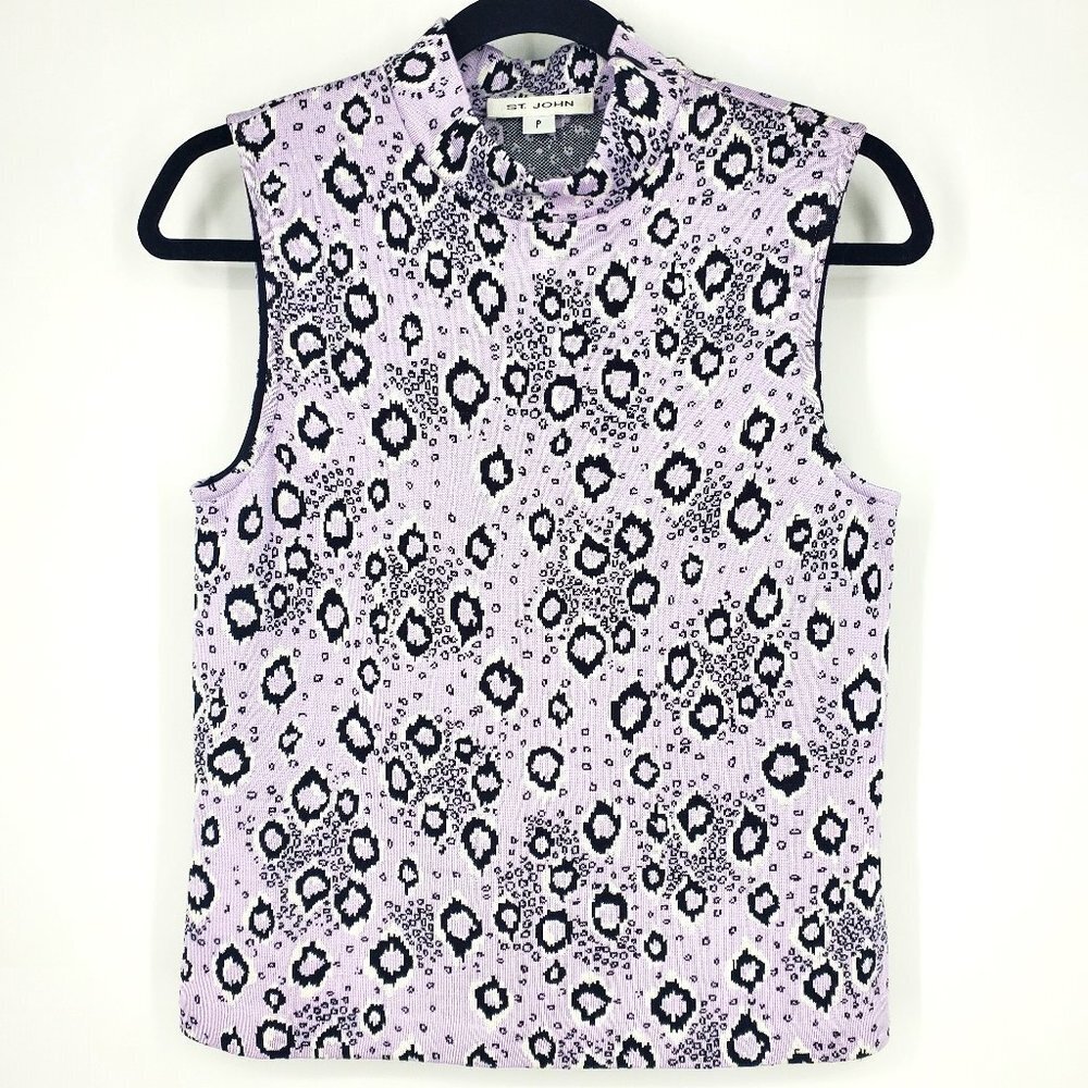 St. John Sleeveless Mock Neck Leopard Print Knit Top Lilac/Black P/XS